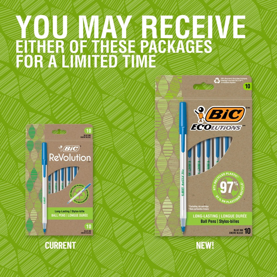 BIC Ecolutions Round Stic Ball Point Pen - Medium Pen Point - 1 mm Pen Point Size - Blue - Semi-transparent Barrel - 10 / Pack