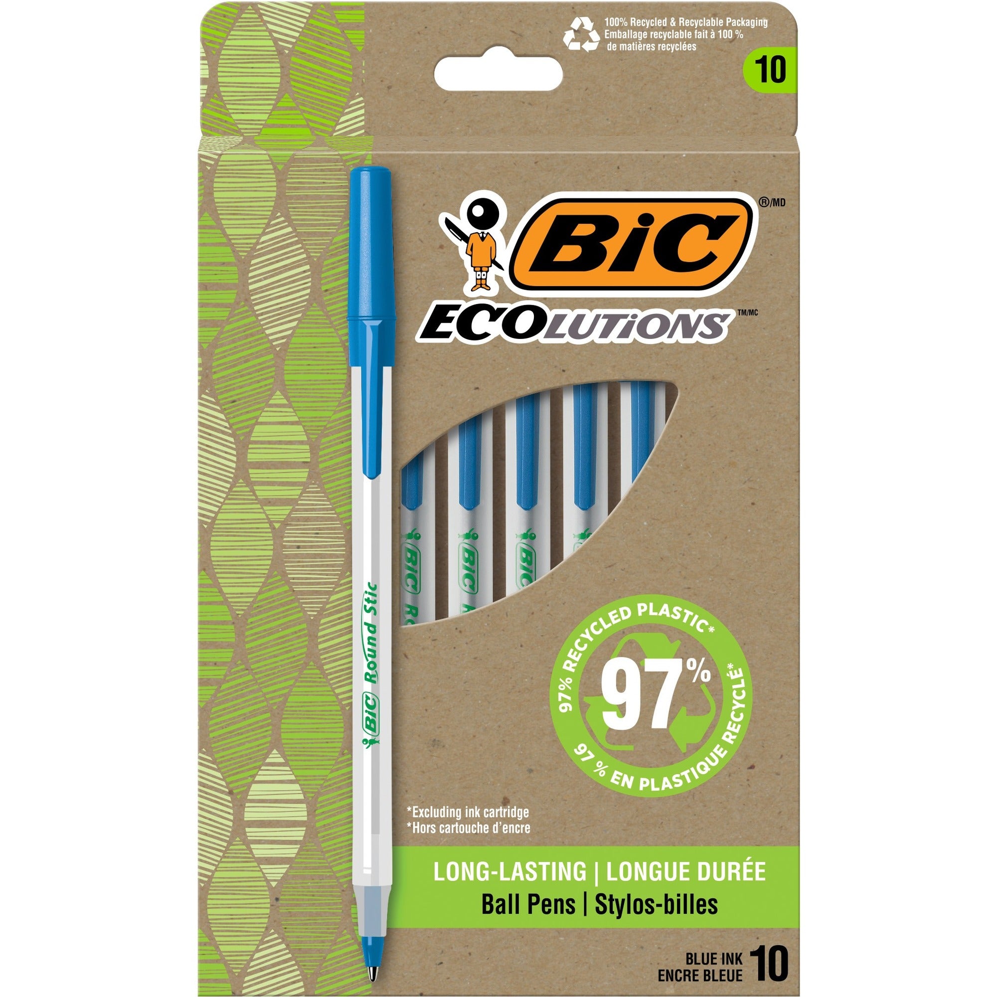 bic-ecolutions-round-stic-ball-point-pen-medium-pen-point-1-mm-pen-point-size-blue-semi-transparent-barrel-10-pack_bicgsme10be - 1