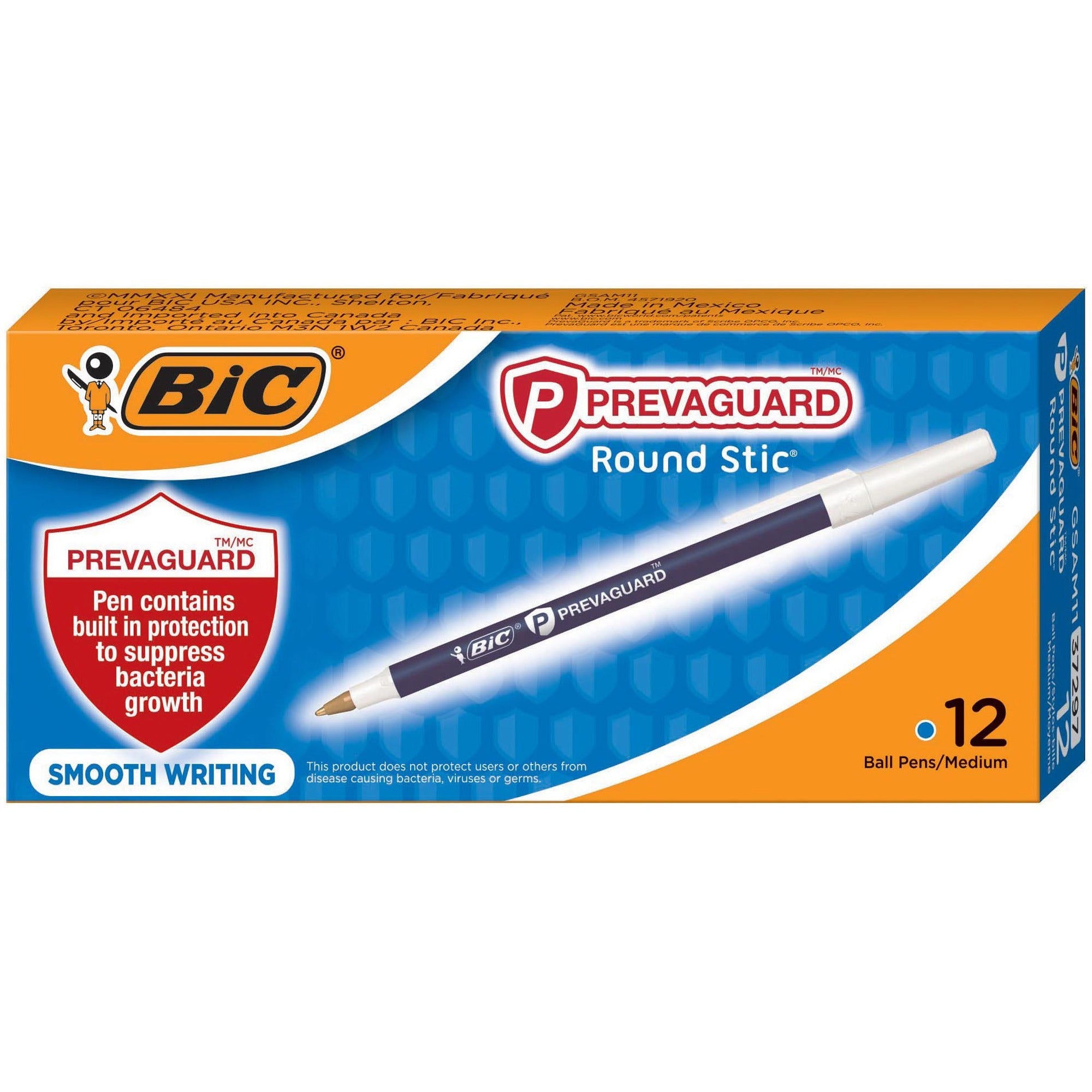 PrevaGuard Round Stic Pen, Stick, Medium 1 mm, Blue Ink, Blue Barrel, Dozen