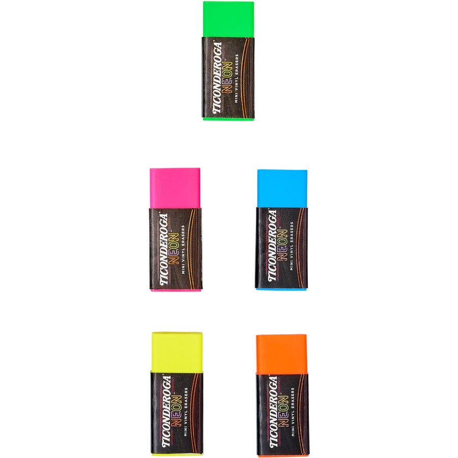 ticonderoga-mini-erasers-neon-pink-neon-green-neon-orange-neon-yellow-neon-blue-vinyl-5-pack-latex-free-soft-smudge-free-residue-free-non-abrasive-non-tearing-non-toxic_dixx38965 - 5