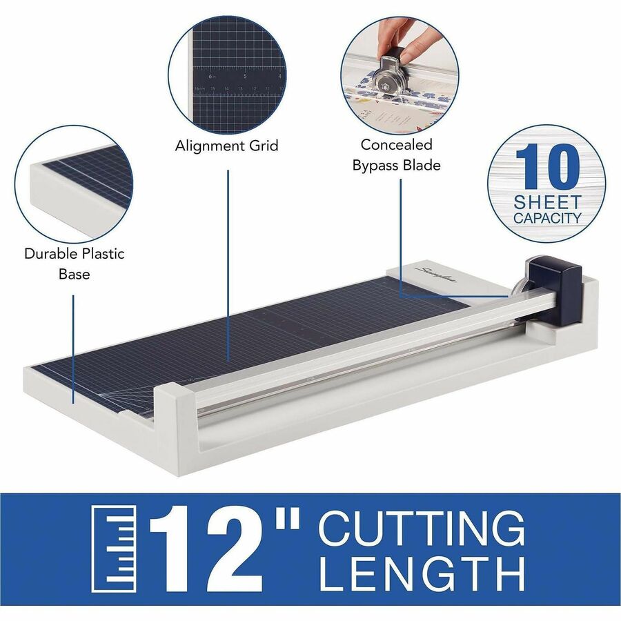 Swingline ClassicCut Wood Guillotine Trimmer - 10 Sheet Cutting Capacity - 12" Cutting Length - LED Cutting Guide, Durable, Lockable Blade, Alignment Grid, Sturdy Frame - Wood, Tempered Glass - Gray - 1 Each