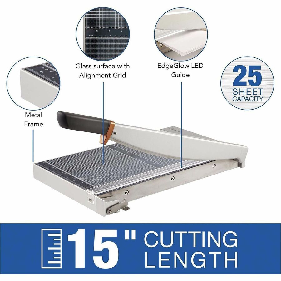Swingline ClassicCut Wood Guillotine Trimmer - 25 Sheet Cutting Capacity - 12" Cutting Length - LED Cutting Guide, Durable, Lockable Blade, Sturdy Frame, Alignment Grid - Wood, Tempered Glass - Gray - 1 Each
