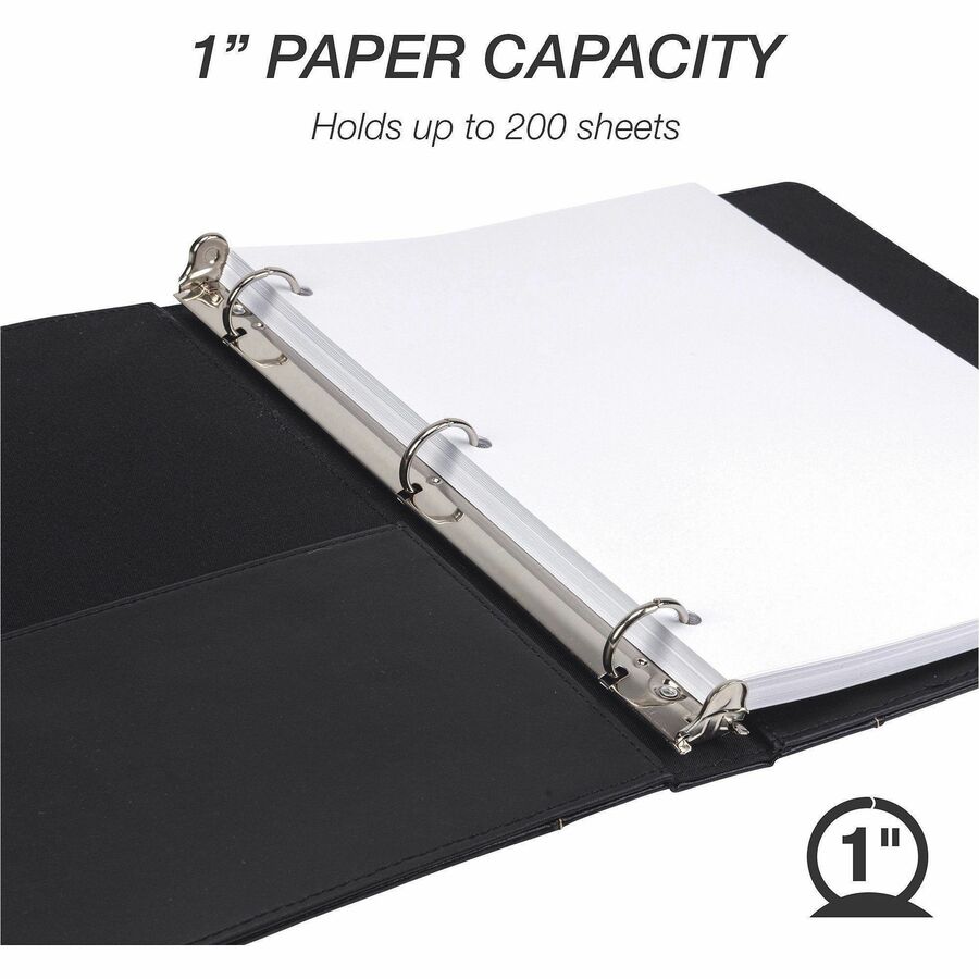 Samsill Contrast Stitch Leather Ring Binder - 1" Binder Capacity - Letter - 8 1/2" x 11" Sheet Size - 200 Sheet Capacity - 1" Ring - Round Ring Fastener(s) - 2 Internal Pocket(s) - Bonded Leather, LeatherGrain - Black - Durable, Spine, Rivet - 1 Each