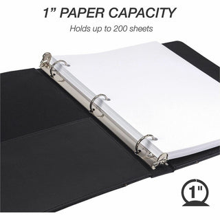 Samsill Contrast Stitch Leather Ring Binder - 1" Binder Capacity - Letter - 8 1/2" x 11" Sheet Size - 200 Sheet Capacity - 1" Ring - Round Ring Fastener(s) - 2 Internal Pocket(s) - Bonded Leather, LeatherGrain - Black - Durable, Spine, Rivet - 1 Each