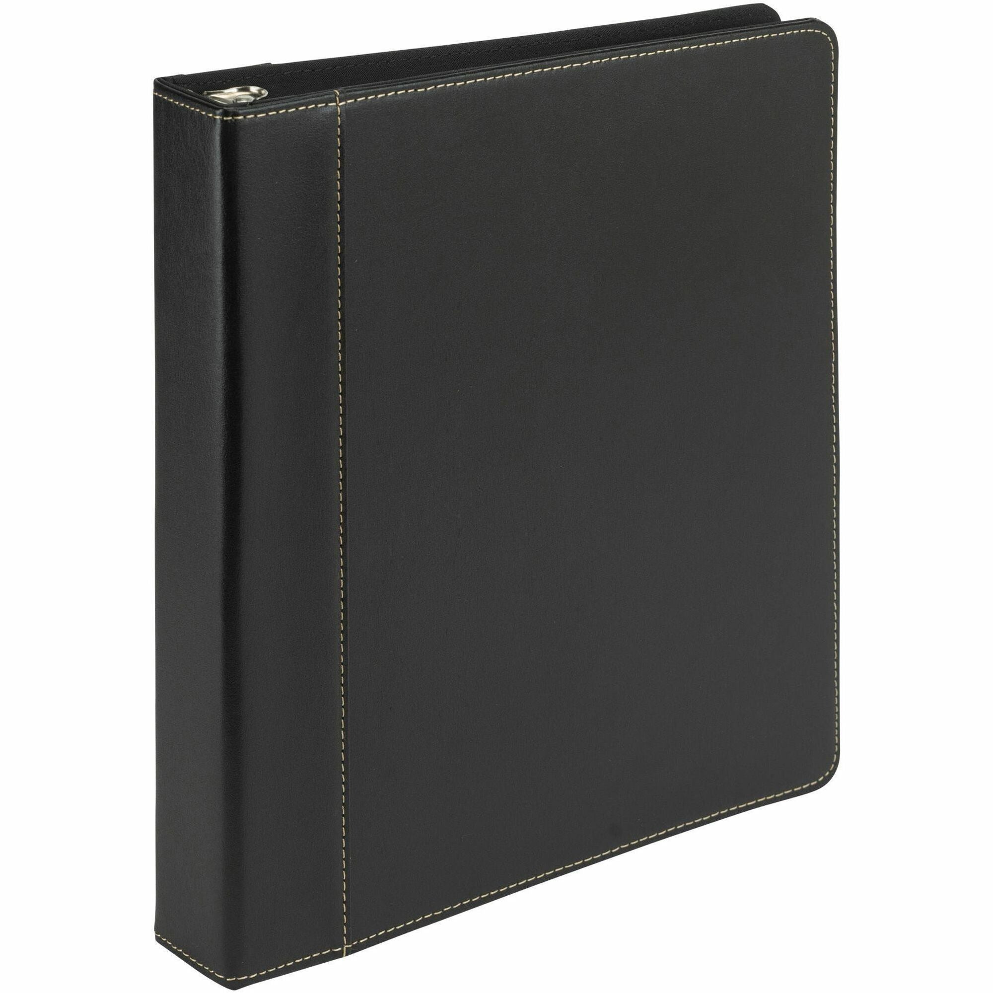 Samsill Contrast Stitch Leather Ring Binder - 1" Binder Capacity - Letter - 8 1/2" x 11" Sheet Size - 200 Sheet Capacity - 1" Ring - Round Ring Fastener(s) - 2 Internal Pocket(s) - Bonded Leather, LeatherGrain - Black - Durable, Spine, Rivet - 1 Each - 1