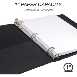 Samsill Contrast Stitch Leather Ring Binder - 1" Binder Capacity - Letter - 8 1/2" x 11" Sheet Size - 200 Sheet Capacity - 1" Ring - Round Ring Fastener(s) - 2 Internal Pocket(s) - Bonded Leather, LeatherGrain - Black - Durable, Spine, Rivet - 1 Each