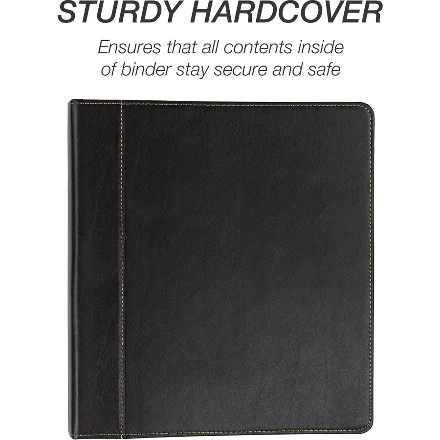 Samsill Contrast Stitch Leather Ring Binder - 1" Binder Capacity - Letter - 8 1/2" x 11" Sheet Size - 200 Sheet Capacity - 1" Ring - Round Ring Fastener(s) - 2 Internal Pocket(s) - Bonded Leather, LeatherGrain - Black - Durable, Spine, Rivet - 1 Each