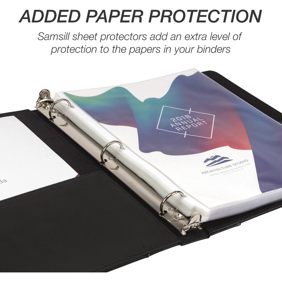 Samsill Contrast Stitch Leather Ring Binder - 1" Binder Capacity - Letter - 8 1/2" x 11" Sheet Size - 200 Sheet Capacity - 1" Ring - Round Ring Fastener(s) - 2 Internal Pocket(s) - Bonded Leather, LeatherGrain - Black - Durable, Spine, Rivet - 1 Each