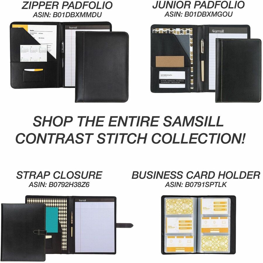Samsill Contrast Stitch Leather Ring Binder - 1" Binder Capacity - Letter - 8 1/2" x 11" Sheet Size - 200 Sheet Capacity - 1" Ring - Round Ring Fastener(s) - 2 Internal Pocket(s) - Bonded Leather, LeatherGrain - Black - Durable, Spine, Rivet - 1 Each