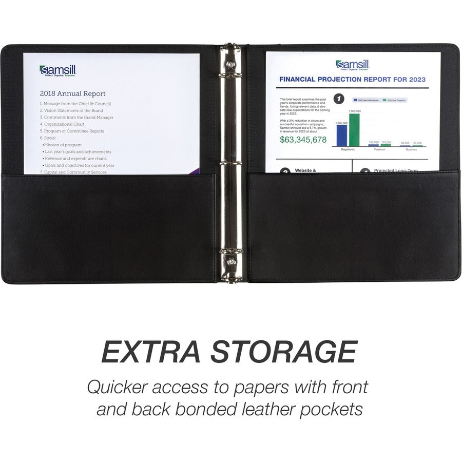 Samsill Contrast Stitch Leather Ring Binder - 1" Binder Capacity - Letter - 8 1/2" x 11" Sheet Size - 200 Sheet Capacity - 1" Ring - Round Ring Fastener(s) - 2 Internal Pocket(s) - Bonded Leather, LeatherGrain - Black - Durable, Spine, Rivet - 1 Each