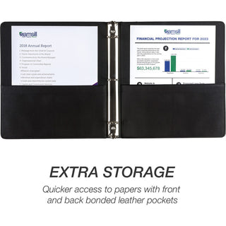 Samsill Contrast Stitch Leather Ring Binder - 1" Binder Capacity - Letter - 8 1/2" x 11" Sheet Size - 200 Sheet Capacity - 1" Ring - Round Ring Fastener(s) - 2 Internal Pocket(s) - Bonded Leather, LeatherGrain - Black - Durable, Spine, Rivet - 1 Each