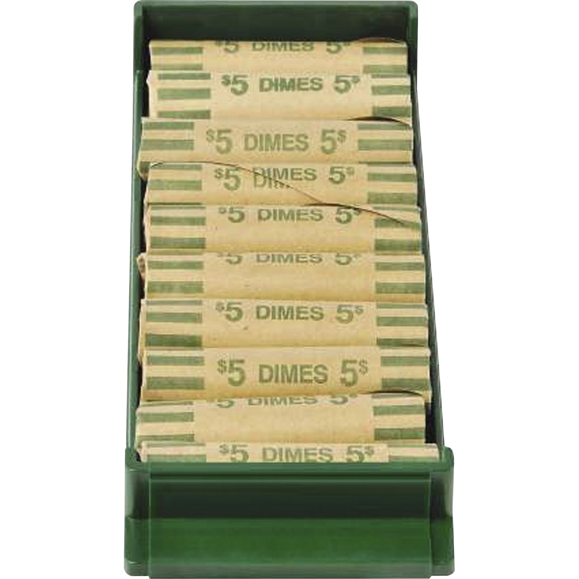 Stackable Plastic Coin Tray, Dimes, 10 Compartments, Stackable, 3.75 x 11.5 x 1.5, Green, 2/Pack