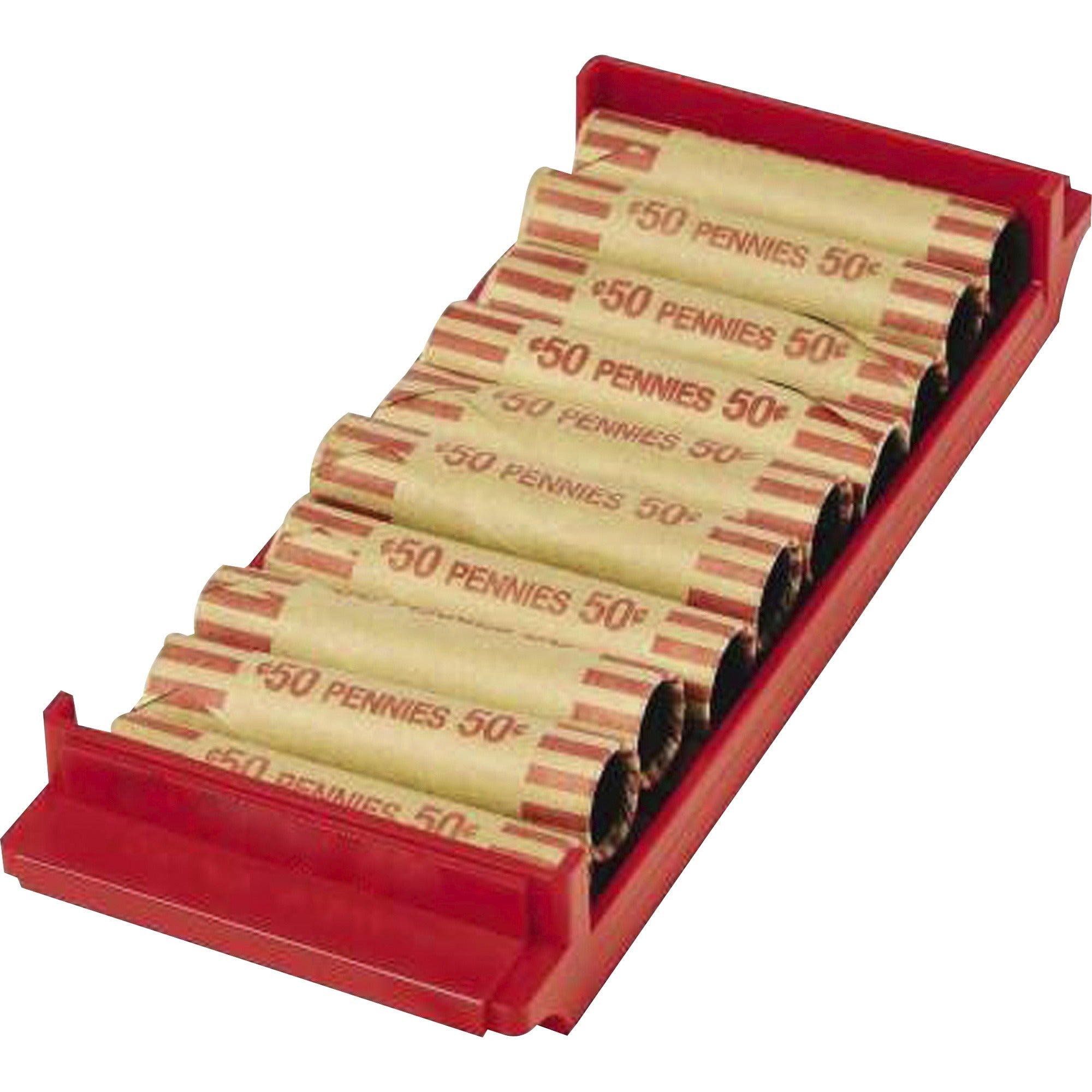 Stackable Plastic Coin Tray, Pennies, 10 Compartments, Stackable, 3.75 x 11.5 x 1.5, Red, 2/Pack