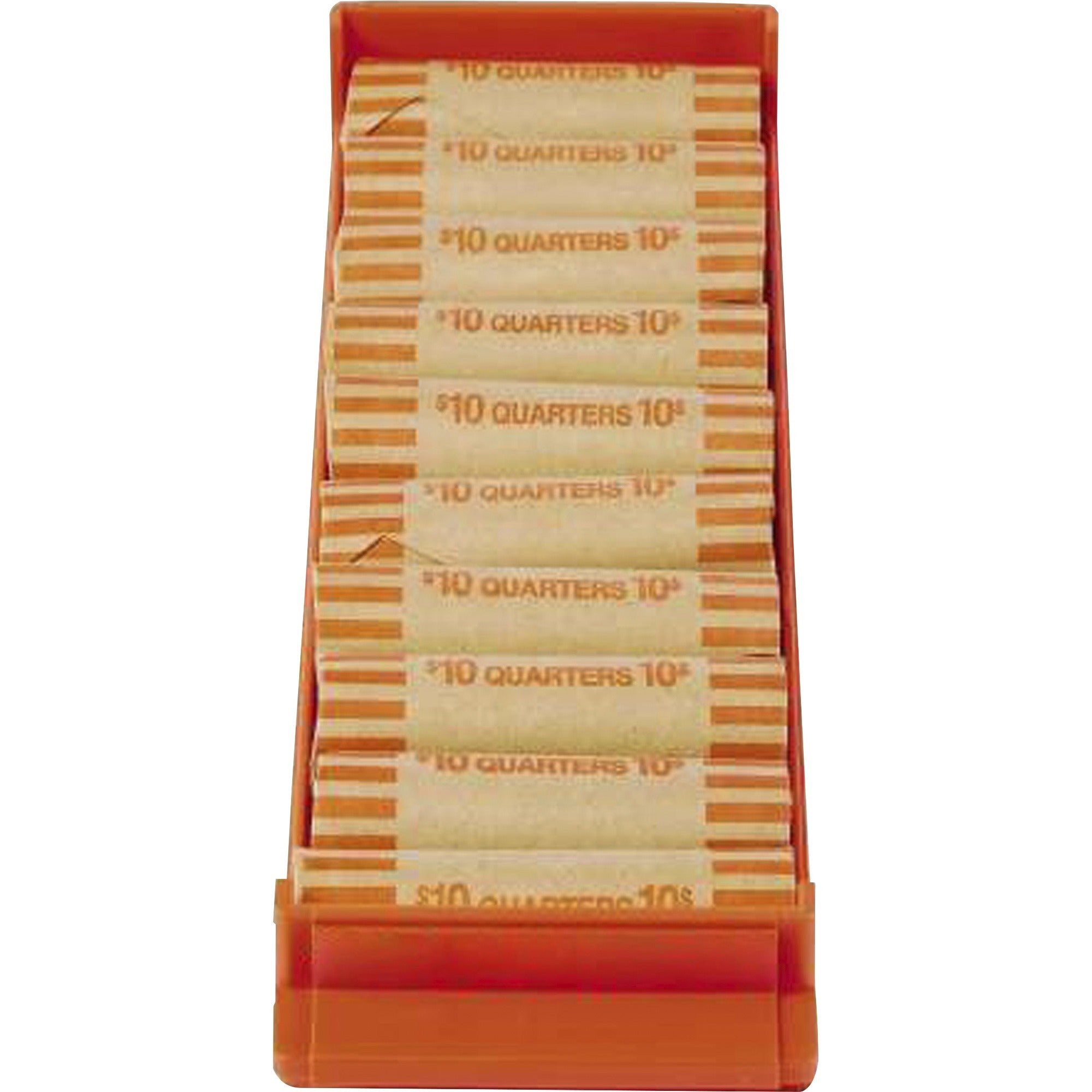 Stackable Plastic Coin Tray, Quarters, 10 Compartments, Stackable, 3.75 x 11.5 x 1.5, Orange, 2/Pack