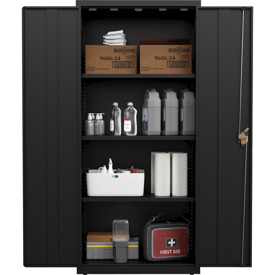 Lorell Fortress Series Slimline Storage Cabinet - 30" x 15" x 66" - 4 x Shelf(ves) - 720 lb Load Capacity - Durable, Welded, Nonporous Surface, Recessed Handle, Removable Lock, Locking System - Black - Baked Enamel - Steel - Recycled