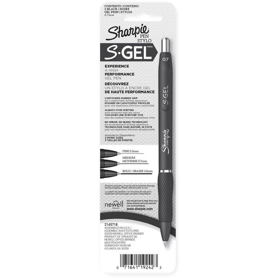Sharpie S-Gel Pen - Medium Pen Point - 0.7 mm Pen Point Size - Retractable - Black - White Barrel - 2 / Pack