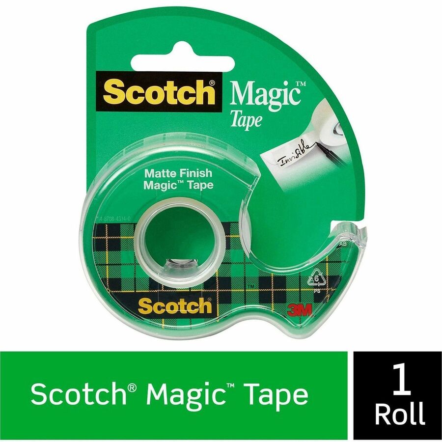 Scotch Magic Matte Finish Tape - 25 ft Length x 0.75" Width - 1" Core - Adhesive Backing - Dispenser Included - Handheld Dispenser - 12 / Box - Clear