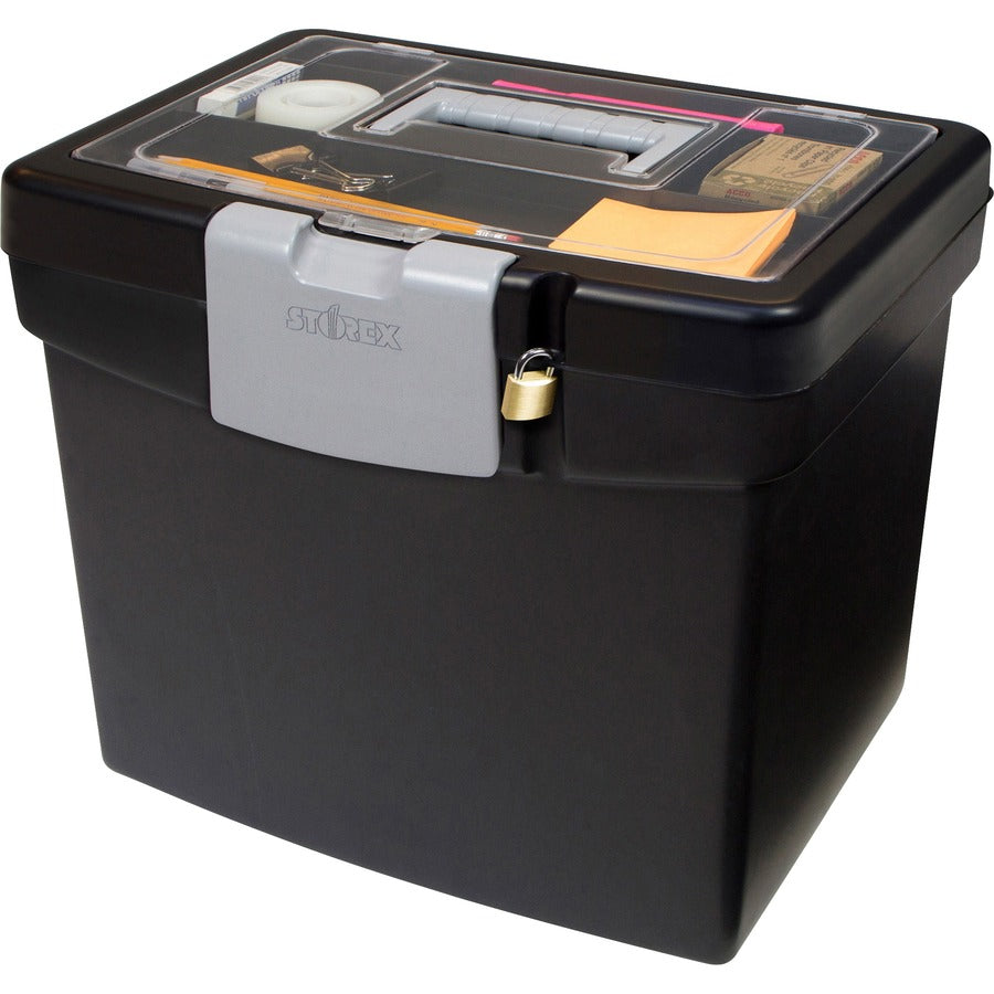 Portable File Box with Large Organizer Lid, Letter Files, 13.25" x 10.88" x 11", Black