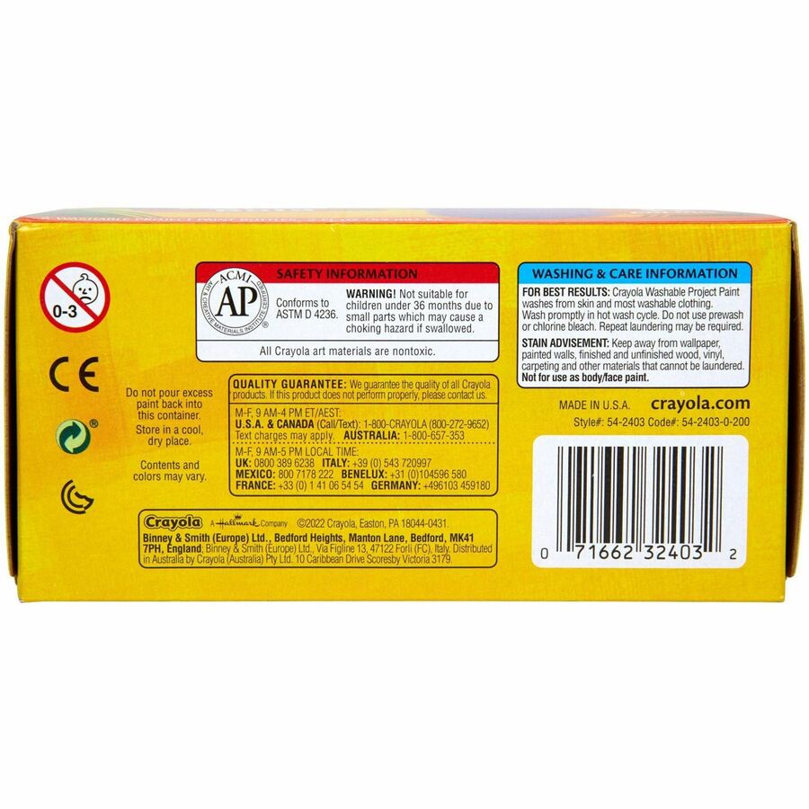 Crayola Washable Project Paint - 6 / Pack - Yellow, Green, Yellow Orange, Red Orange, Fuchsia, Blue, Violet, Teal