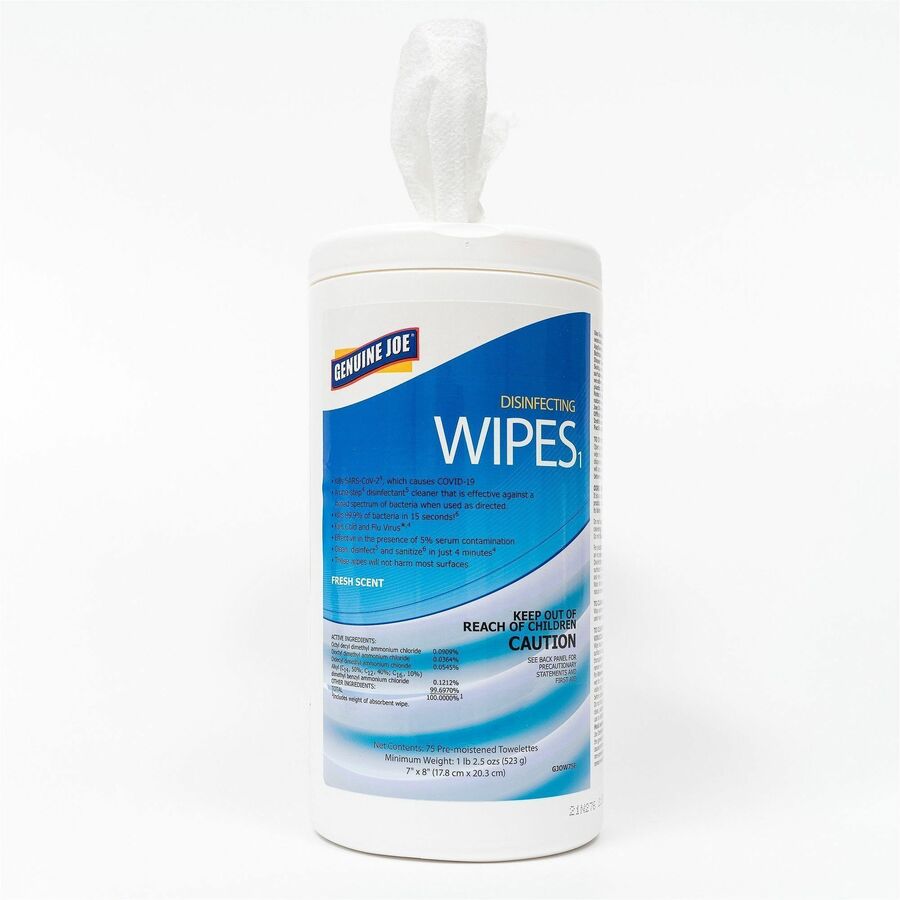 Genuine Joe Disinfecting Wipes - Ready-To-Use - Fresh Citrus Scent - 8" Length x 7" Width - 75 / Tub - 6 / Carton - Pre-moistened, Strong, Absorbent - White