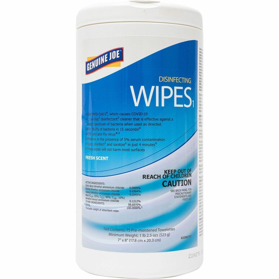 Genuine Joe Disinfecting Wipes - Ready-To-Use - Fresh Citrus Scent - 8" Length x 7" Width - 75 / Tub - 6 / Carton - Pre-moistened, Strong, Absorbent - White