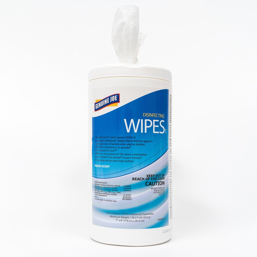 Genuine Joe Disinfecting Wipes - Ready-To-Use - Fresh Citrus Scent - 8" Length x 7" Width - 75 / Tub - 6 / Carton - Pre-moistened, Strong, Absorbent - White