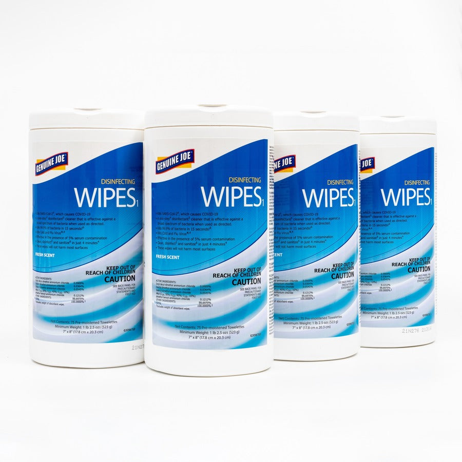 Genuine Joe Disinfecting Wipes - Ready-To-Use - Fresh Citrus Scent - 8" Length x 7" Width - 75 / Tub - 6 / Carton - Pre-moistened, Strong, Absorbent - White - 4