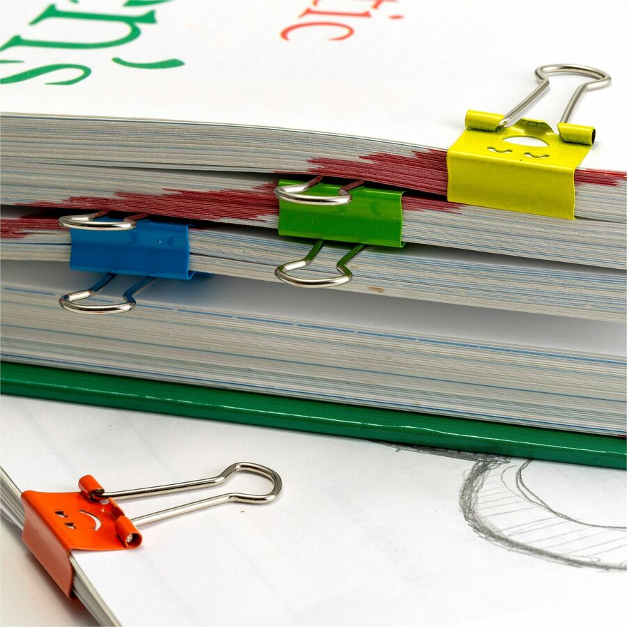 officemate-smiling-faces-binder-clips-small-29-length-x-08-width-038-size-capacity-foldable-removable-handle-42-bag-green-red-white-yellow_oic31090 - 5