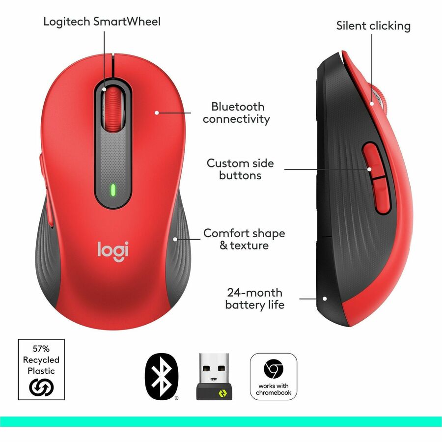 Signature M650 Wireless Mouse, Large, 2.4 GHz Frequency, 33 ft Wireless Range, Right Hand Use, Red