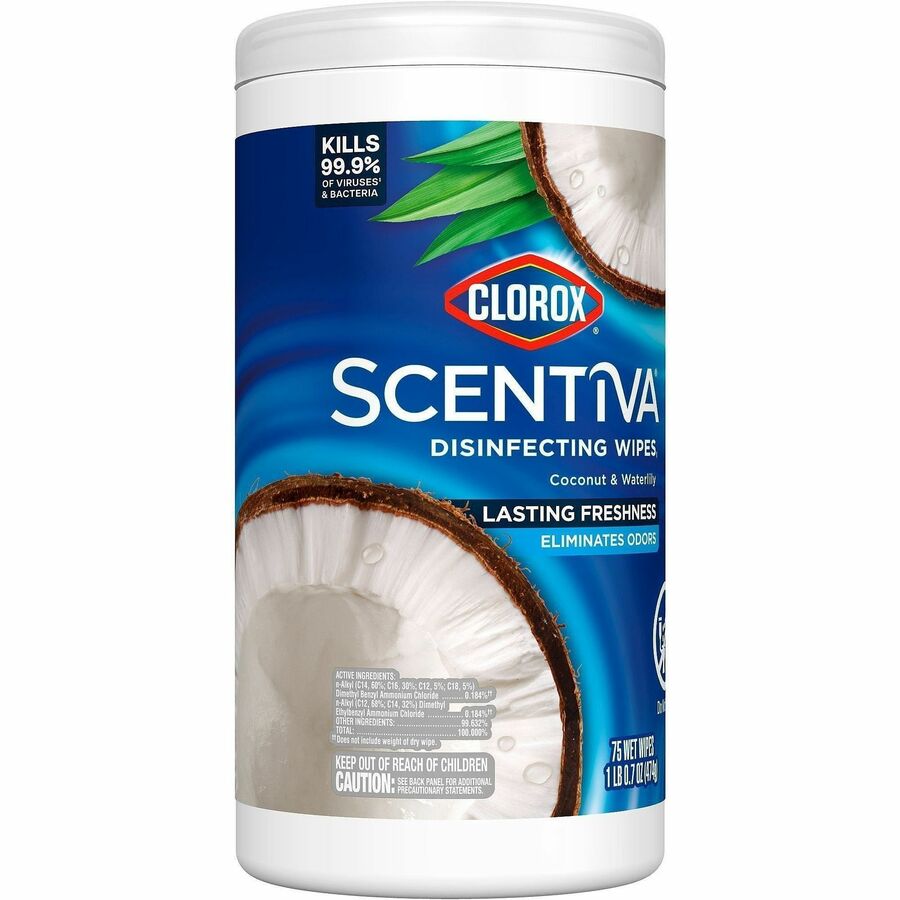 Clorox Scentiva Wipes, Bleach Free Cleaning Wipes - Ready-To-Use - Pacific Breeze & Coconut Scent - 75 / Canister - 1 Each - Bleach-free, Disinfectant, Deodorize - White