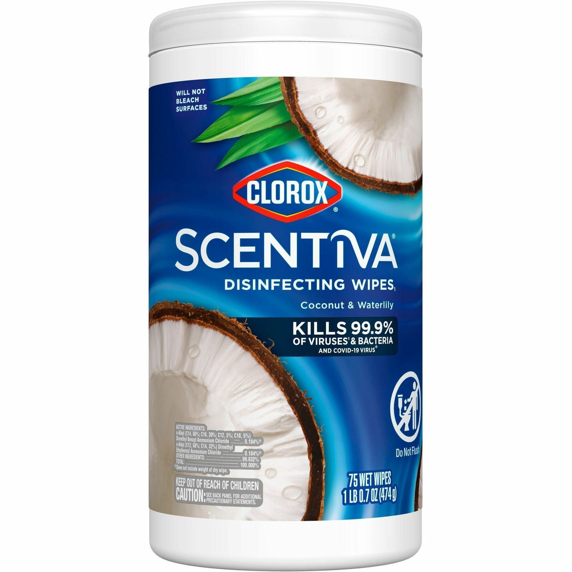 Clorox Scentiva Wipes, Bleach Free Cleaning Wipes - Ready-To-Use - Pacific Breeze & Coconut Scent - 75 / Canister - 1 Each - Bleach-free, Disinfectant, Deodorize - White - 1