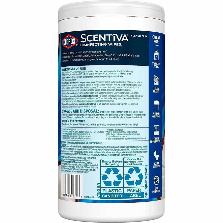 Clorox Scentiva Wipes, Bleach Free Cleaning Wipes - Ready-To-Use - Pacific Breeze & Coconut Scent - 75 / Canister - 1 Each - Bleach-free, Disinfectant, Deodorize - White