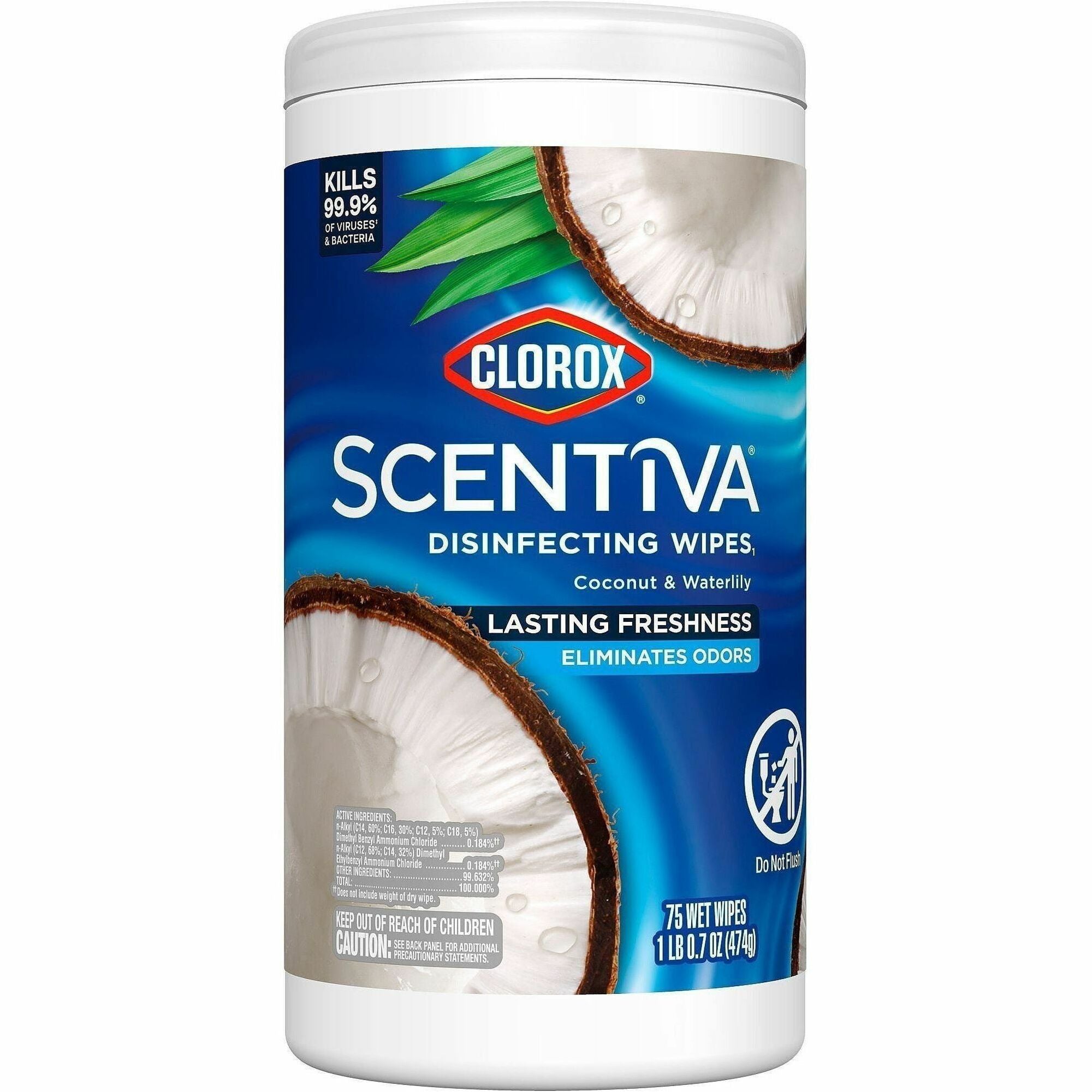 Clorox Scentiva Wipes, Bleach Free Cleaning Wipes - Ready-To-Use - Pacific Breeze & Coconut Scent - 75 / Canister - 1 Each - Bleach-free, Disinfectant, Deodorize - White
