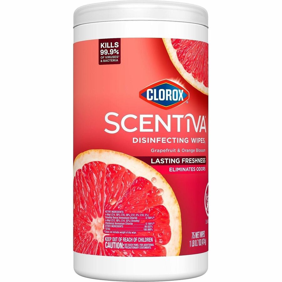 Clorox Scentiva Wipes, Bleach Free Cleaning Wipes - Ready-To-Use - Tahitian Grapefruit Splash Scent - 75 / Tub - 1 Each - Bleach-free, Disinfectant, Deodorize - White