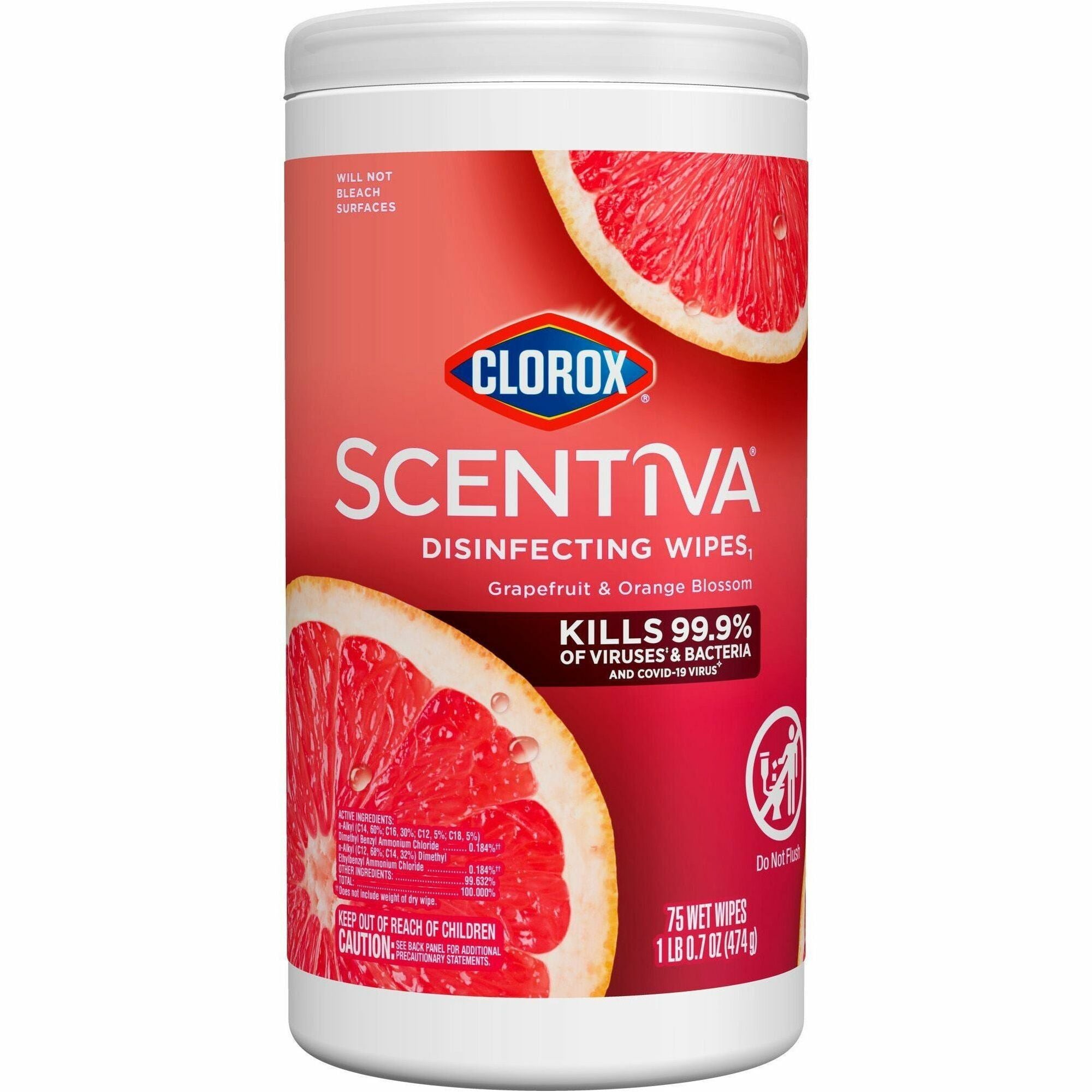 Clorox Scentiva Wipes, Bleach Free Cleaning Wipes - Ready-To-Use - Tahitian Grapefruit Splash Scent - 75 / Tub - 1 Each - Bleach-free, Disinfectant, Deodorize - White - 1