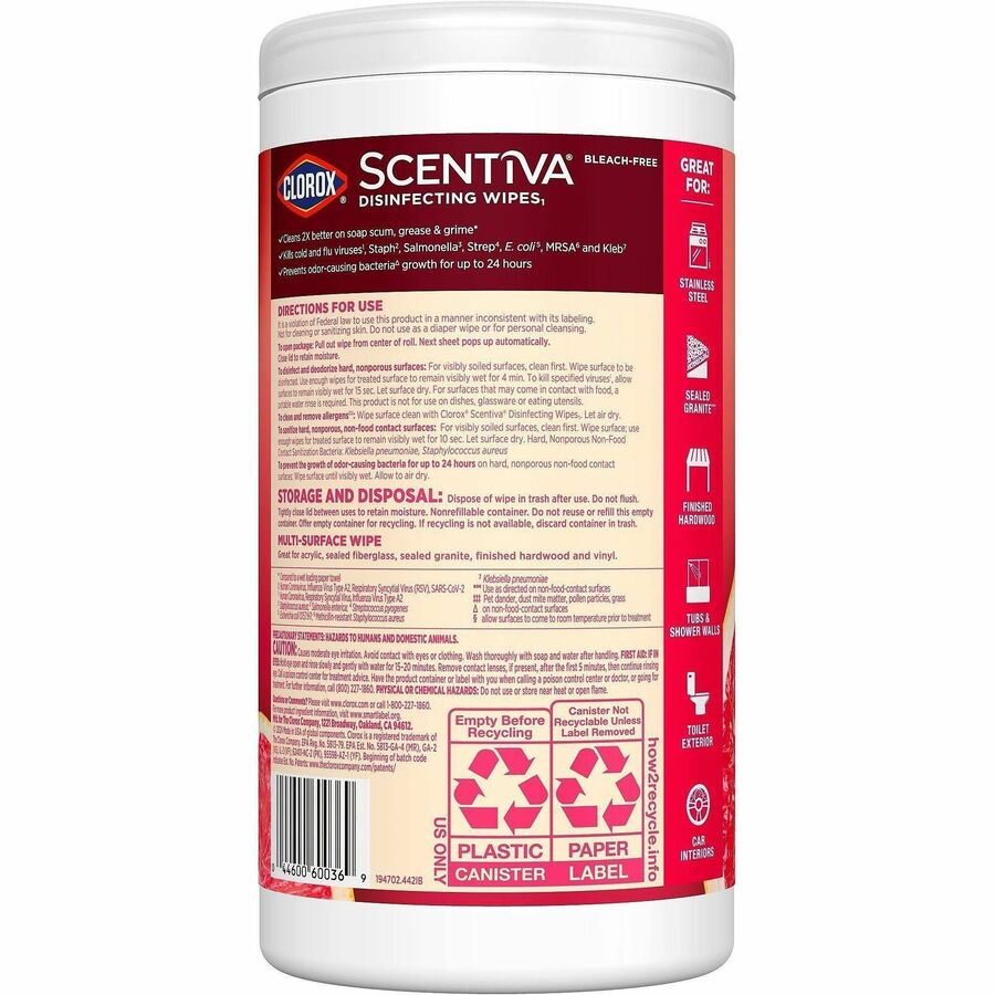 Clorox Scentiva Wipes, Bleach Free Cleaning Wipes - Ready-To-Use - Tahitian Grapefruit Splash Scent - 75 / Tub - 1 Each - Bleach-free, Disinfectant, Deodorize - White