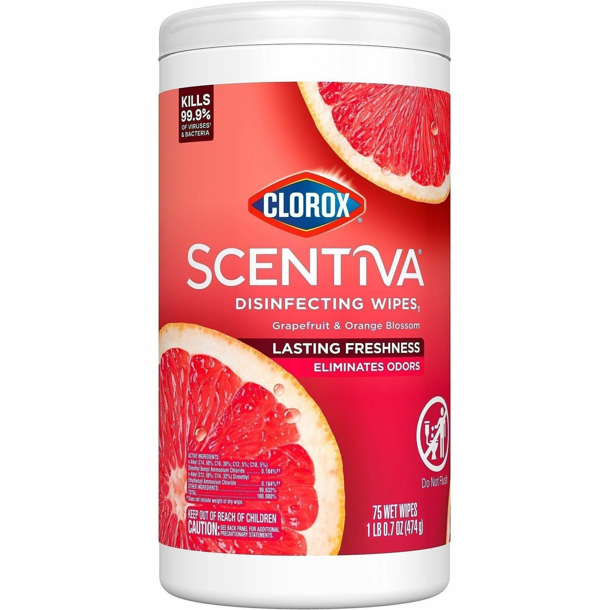 Clorox Scentiva Wipes, Bleach Free Cleaning Wipes - Ready-To-Use - Tahitian Grapefruit Splash Scent - 75 / Tub - 1 Each - Bleach-free, Disinfectant, Deodorize - White