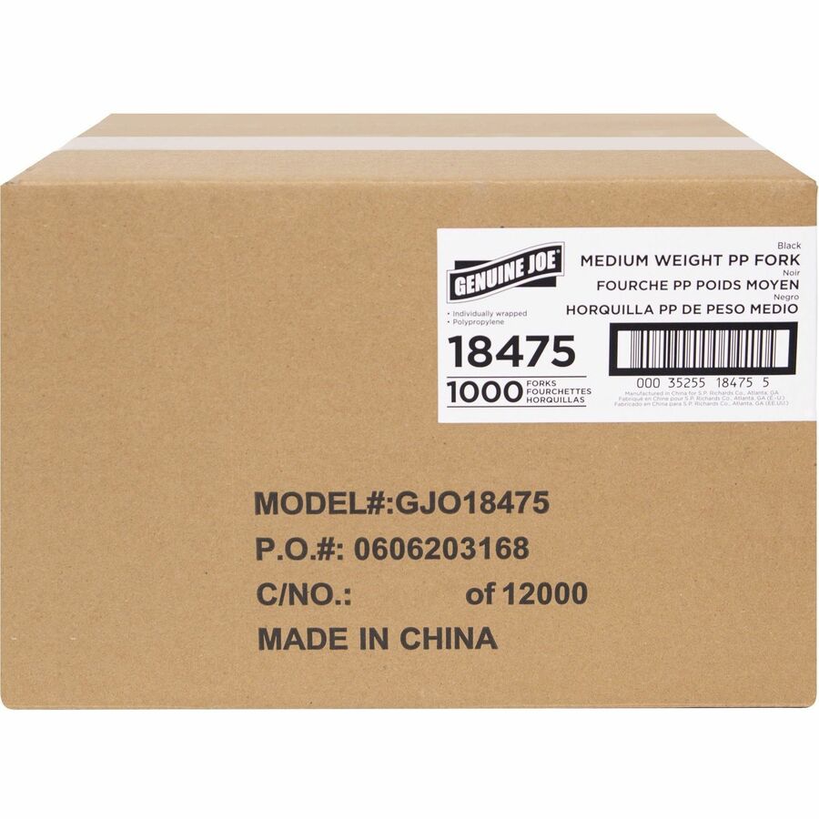 Genuine Joe Medium-weight Individually Wrapped Forks - 1000/Carton - Fork - Breakroom - Disposable - Black