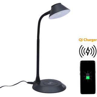 Data Accessories Company MP-323 LED Desk Lamp - 5 W LED Bulb - Adjustable Brightness, Qi Wireless Charging, Flicker-free, Glare-free Light, Dimmable, Touch Sensitive Control Panel, Flexible Neck - Desk Mountable - Black - for Desk, Phone