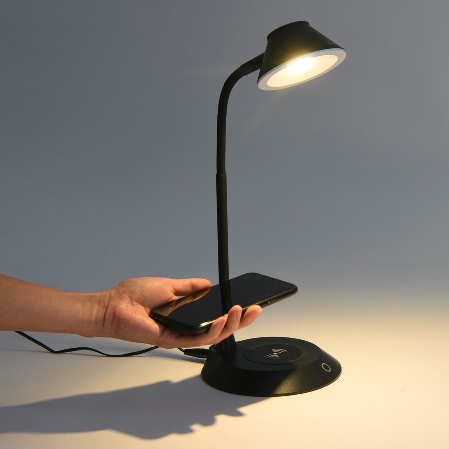 Data Accessories Company MP-323 LED Desk Lamp - 5 W LED Bulb - Adjustable Brightness, Qi Wireless Charging, Flicker-free, Glare-free Light, Dimmable, Touch Sensitive Control Panel, Flexible Neck - Desk Mountable - Black - for Desk, Phone