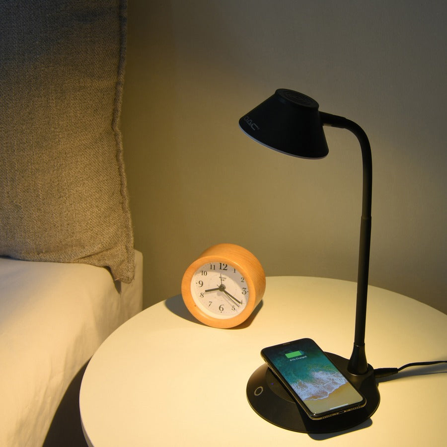 Data Accessories Company MP-323 LED Desk Lamp - 5 W LED Bulb - Adjustable Brightness, Qi Wireless Charging, Flicker-free, Glare-free Light, Dimmable, Touch Sensitive Control Panel, Flexible Neck - Desk Mountable - Black - for Desk, Phone