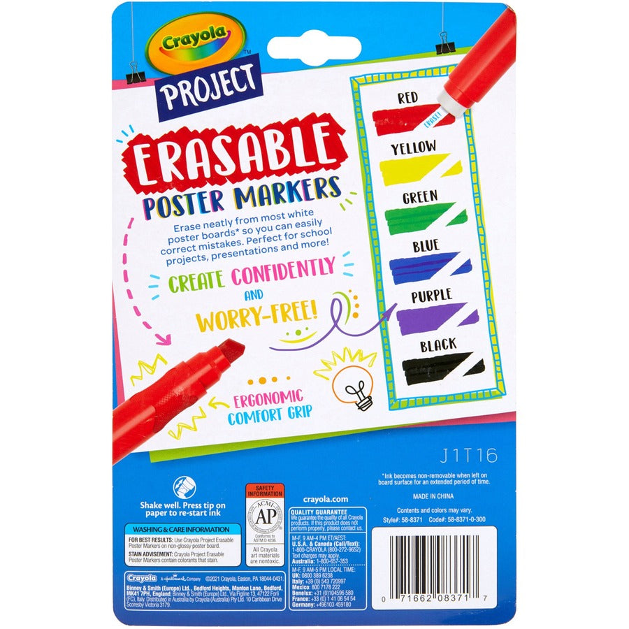 Crayola Project Erasable Poster Markers - Chisel Marker Point Style - Red, Yellow, Green, Blue, Purple, Black - 6 / Pack