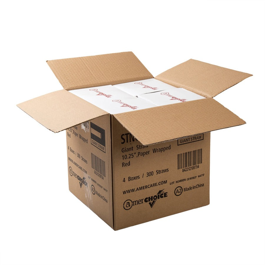 Banyan Giant Red Straws - Wrapped - 10.3" Length - 1200 / Carton - Red