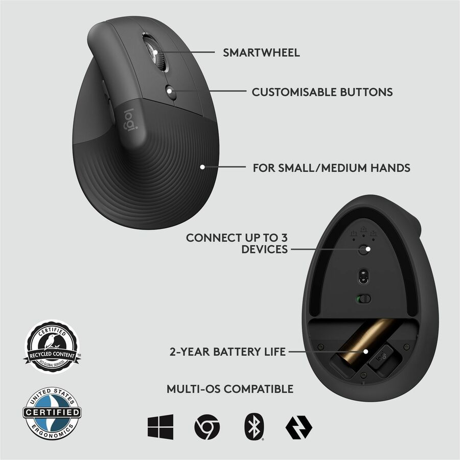 Lift for Business Vertical Ergonomic Mouse, 2.4 GHz Frequency/32 ft Wireless Range, Right Hand Use, Graphite