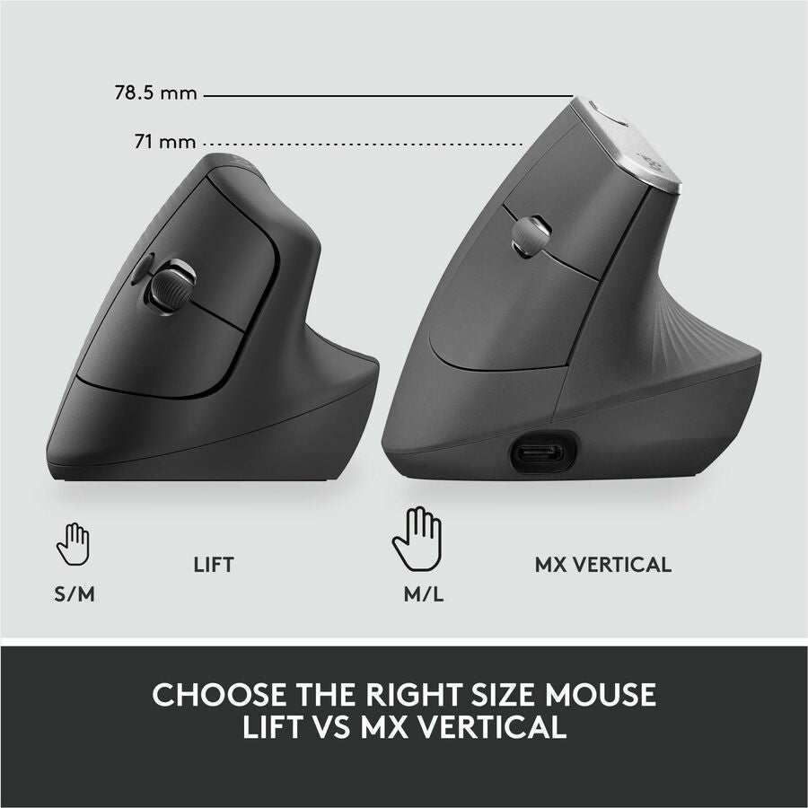 Lift for Business Vertical Ergonomic Mouse, 2.4 GHz Frequency/32 ft Wireless Range, Right Hand Use, Graphite