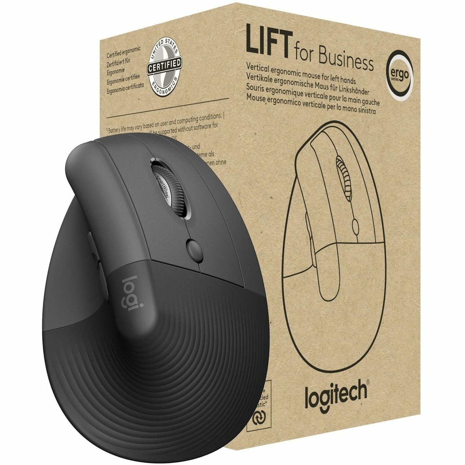 Lift for Business Vertical Ergonomic Mouse, 2.4 GHz Frequency/32 ft Wireless Range, Right Hand Use, Graphite