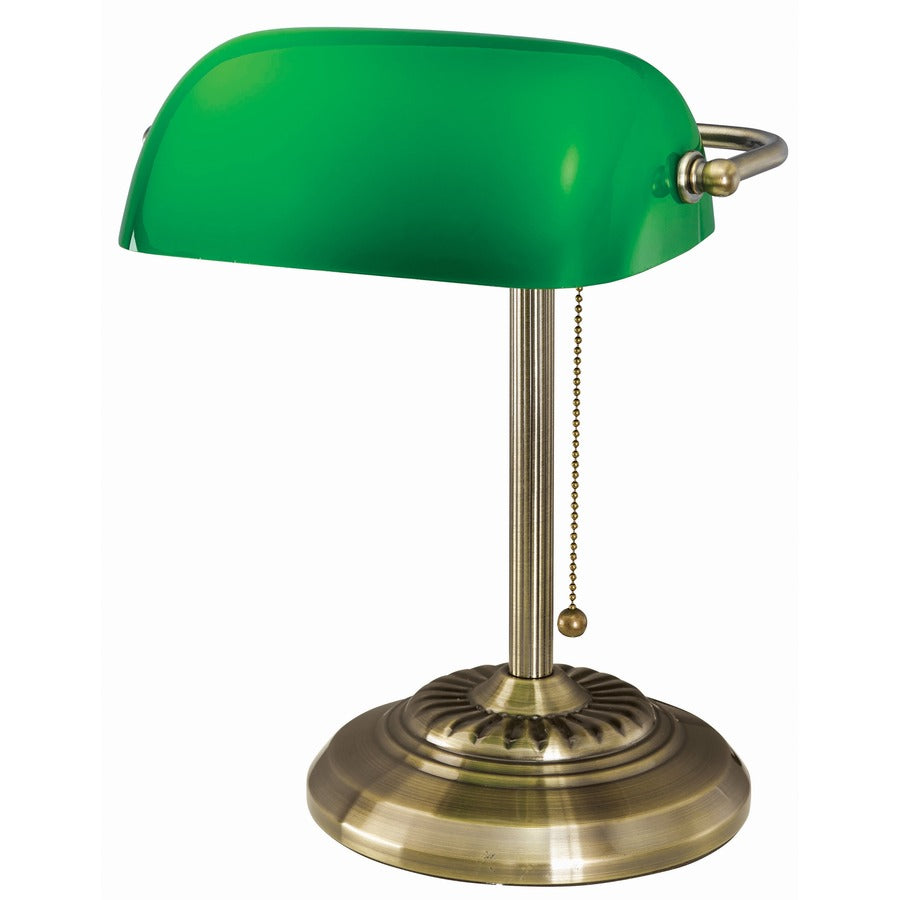 LED Bankers Lamp with Green Shade, Cable Suspension Neck, 13.5" High, Antique Brass, Ships in 4-6 Business Days