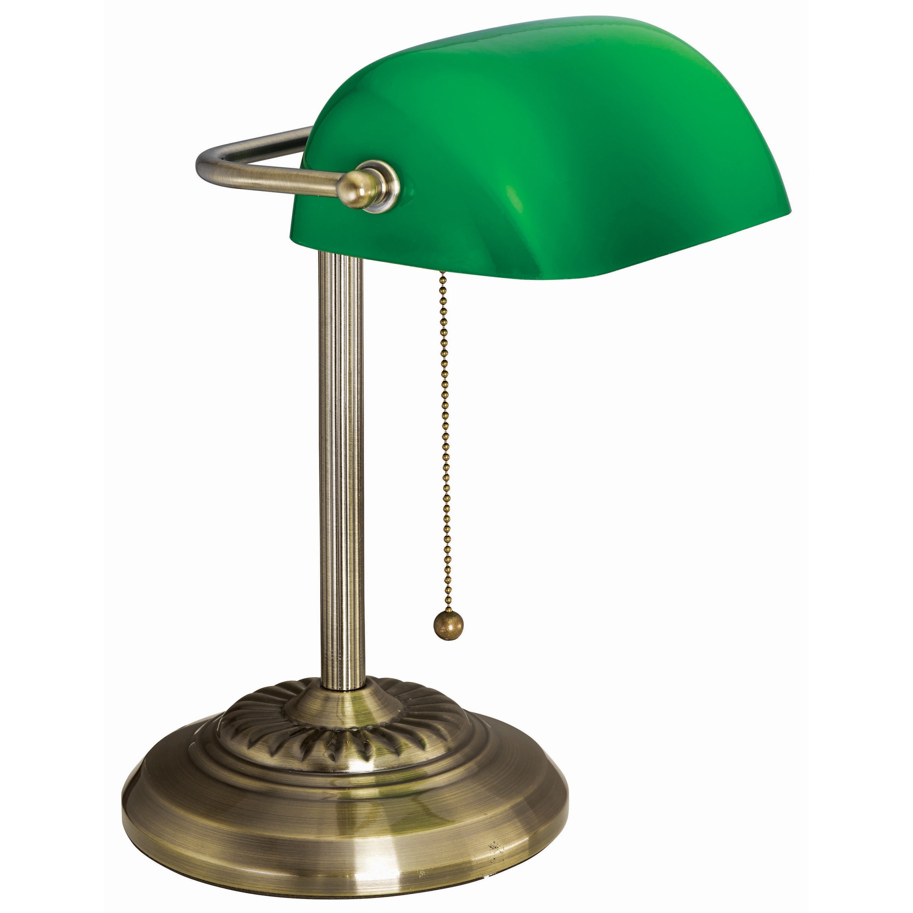 LED Bankers Lamp with Green Shade, Cable Suspension Neck, 13.5" High, Antique Brass, Ships in 4-6 Business Days
