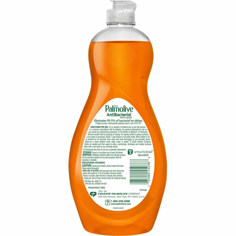 Palmolive Antibacterial Ultra Dish Soap - Concentrate - 35.2 fl oz (1.1 quart) - 9 / Carton - pH Balanced, Residue-free, Non-abrasive, Antibacterial - Orange