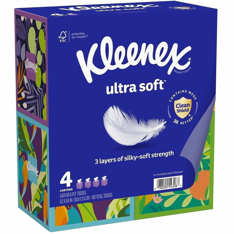 Kleenex Ultra Soft Tissues - 3 Ply - White - Soft, Strong, Fragrance-free - For Home, Office, Business - 60 Per Box - 12 / Carton